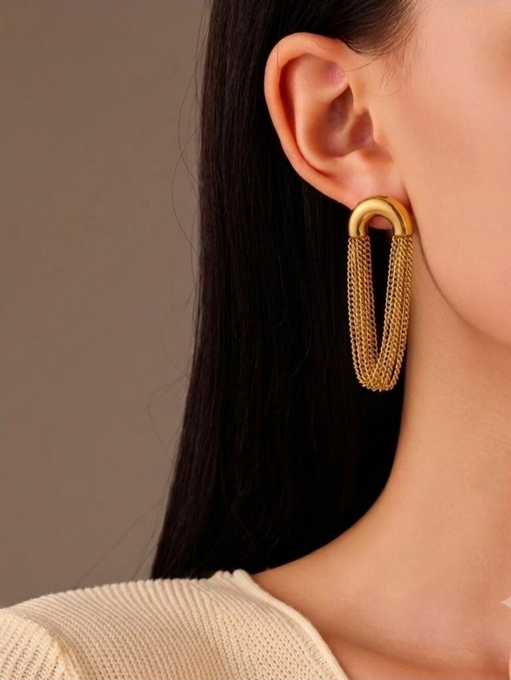 Gold Chain Fringe Tassel Statement Hoop Earrings - Picture 2 of 6